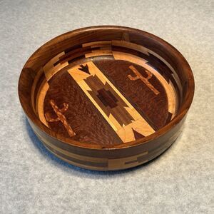 Segmented Wood Bowl Cactus Design Southwestern Artisan Handcrafted Electic Aztec